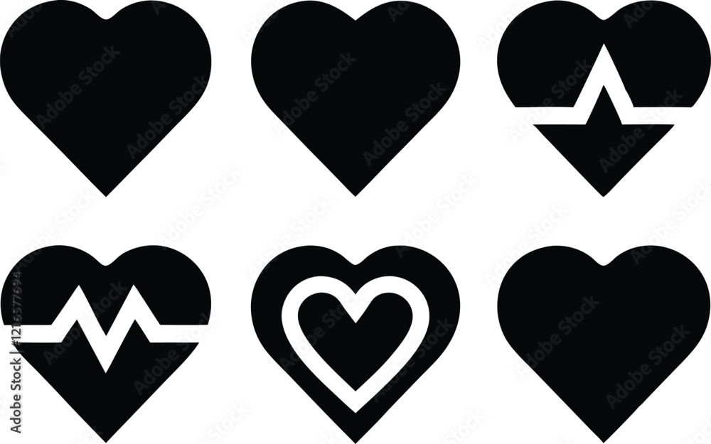 Set black shape heart icon, silhouette vactor illustration
