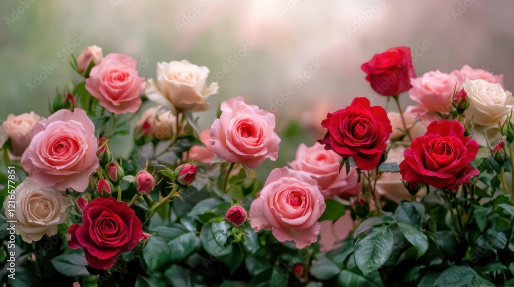 Beautiful collection of pink and red roses with lush green foliage background Beautiful collection of pink and red roses with lush green foliage background