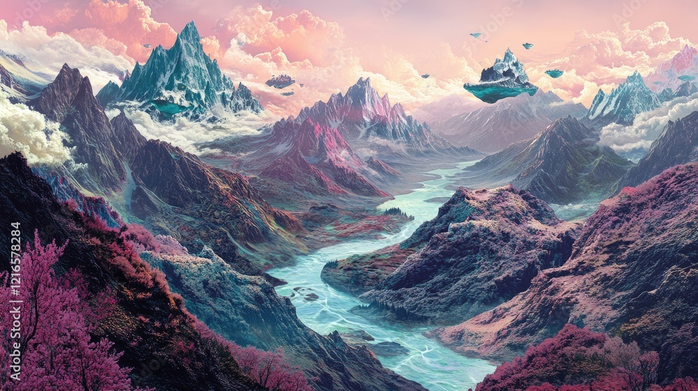Obraz premium Fantasy landscape of floating islands illustration