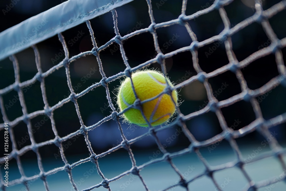 Bouncing tennis ball caught in net during afternoon practice on a bright court Bouncing tennis ball caught in net during afternoon practice on a bright court