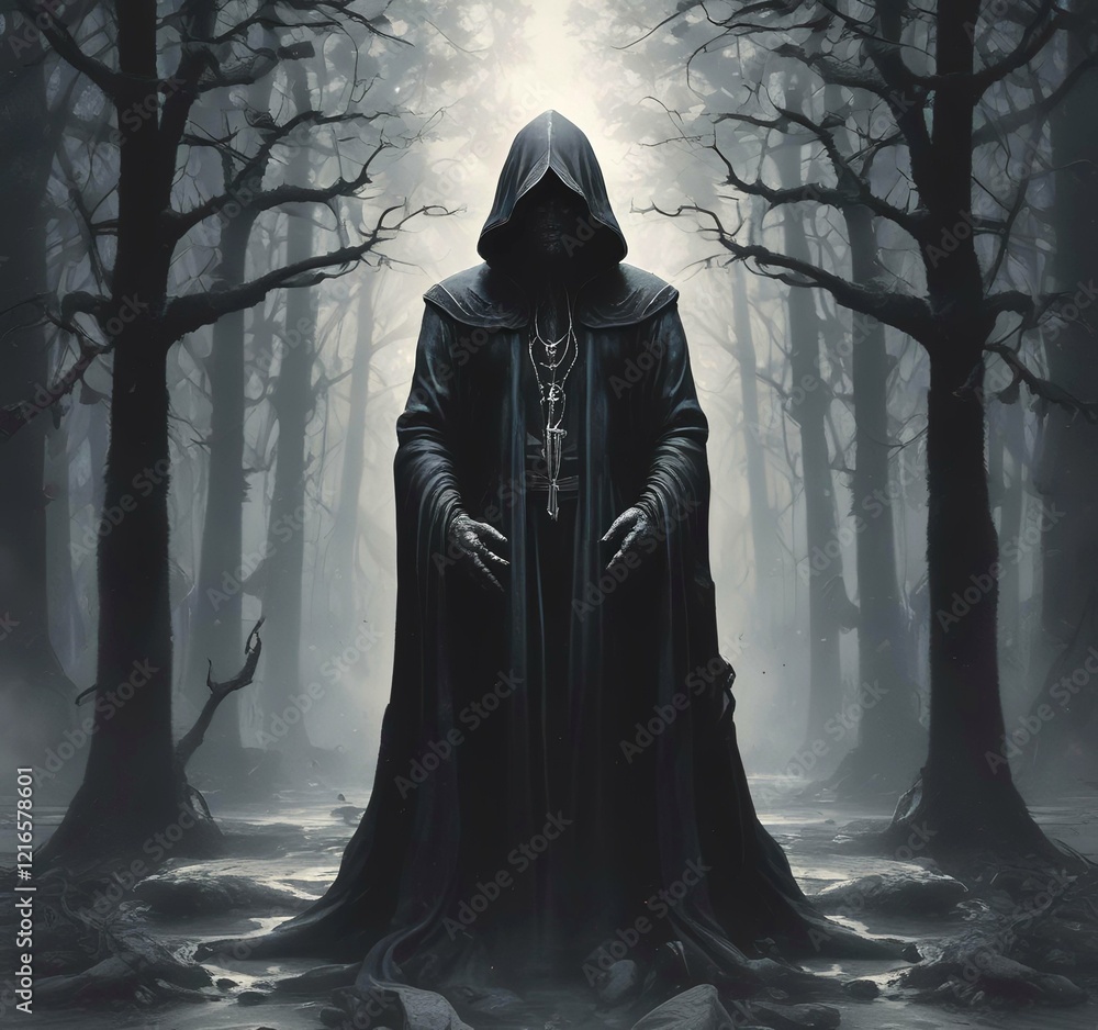 Illustration of hodded person in dark woods. Illustration of hodded person in dark woods.
