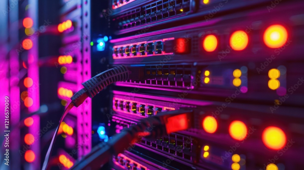 Fototapeta premium Close-up of illuminated server rack with network cables, showcasing technology in a data center