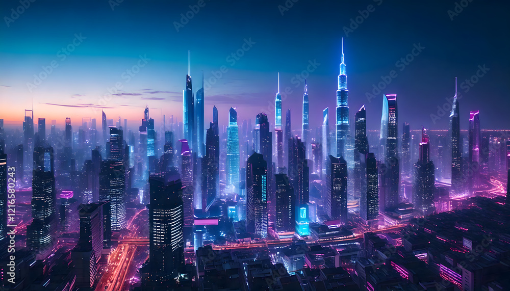 Fototapeta premium Realistic Cyberpunk City Skyline with Purple and Cyan Neon lights