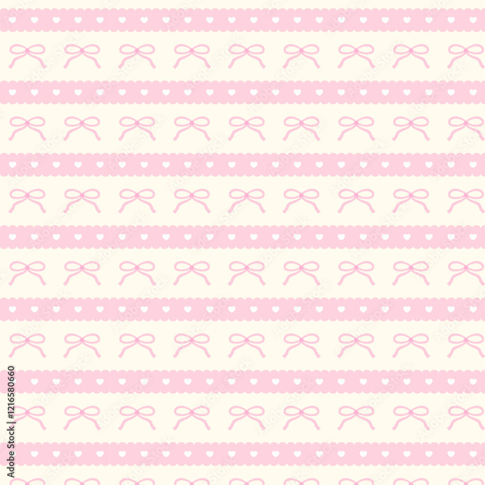 Cute coquette ribbon bow with heart lace seamless pattern.
Cute coquette ribbon bow with heart lace seamless pattern.