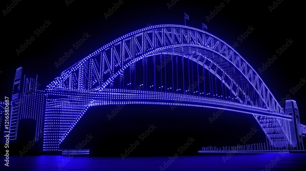 Fototapeta premium Blue Digital Network Outline, Iconic Bridge at Night, Sydney Architecture, Modern Technology