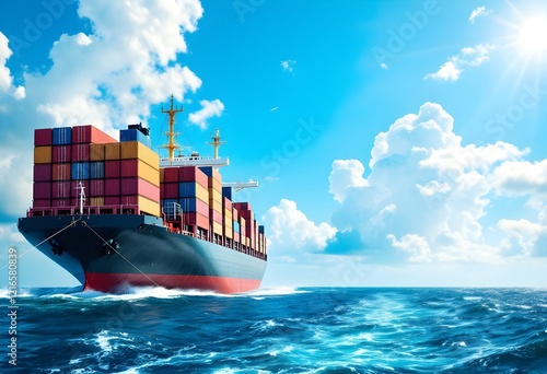 Cargo Ship on Sunny Seas: A Vibrant Maritime Scene photo