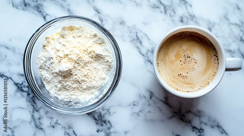 A flat lay of powdered milk in a glass bowl next to a cup of hot coffee on a marble table A flat lay of powdered milk in a glass bowl next to a cup of hot coffee on a marble table