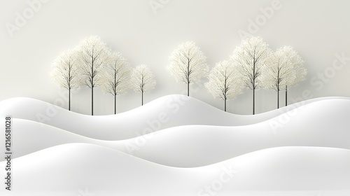Winter wonderland scene snowy hills, white trees, minimalist design, ideal for holiday cards