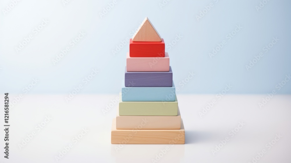Colorful wooden stacking toys arranged in a pyramid shape on a neutral background in a well-lit space Colorful wooden stacking toys arranged in a pyramid shape on a neutral background in a well-lit space