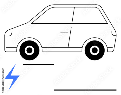 Simplistic electric car outline with wheels and a blue lightning bolt. Ideal for electric vehicles, renewable energy, sustainability, eco-design, green solutions, innovation, and abstract line flat