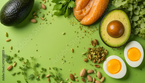 Keto diet concept - salmon, avocado, eggs, nuts and seeds, bright green background, top view. photo