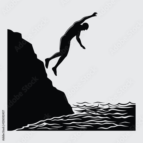  a-diver-jumping-off-a-cliff-into-water image silhouette vector art and illustration
