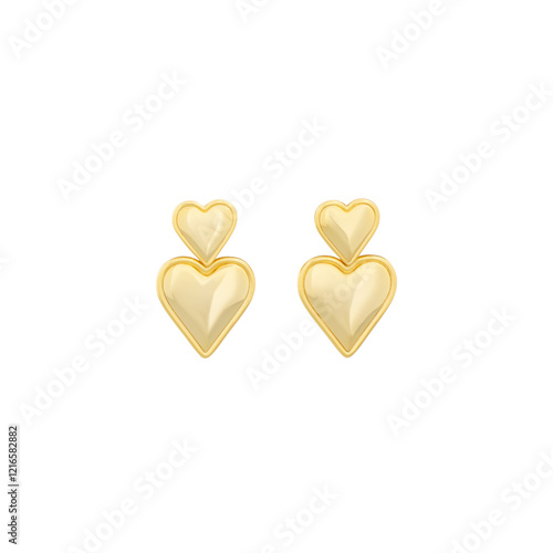 Gold earrings in the shape of hearts on a pure white background. Jewelry catalog.