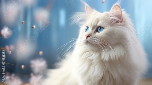 Fluffy White Kitten with Striking Blue Eyes Surrounded by Soft Flowers in a Dreamy Pastel Background