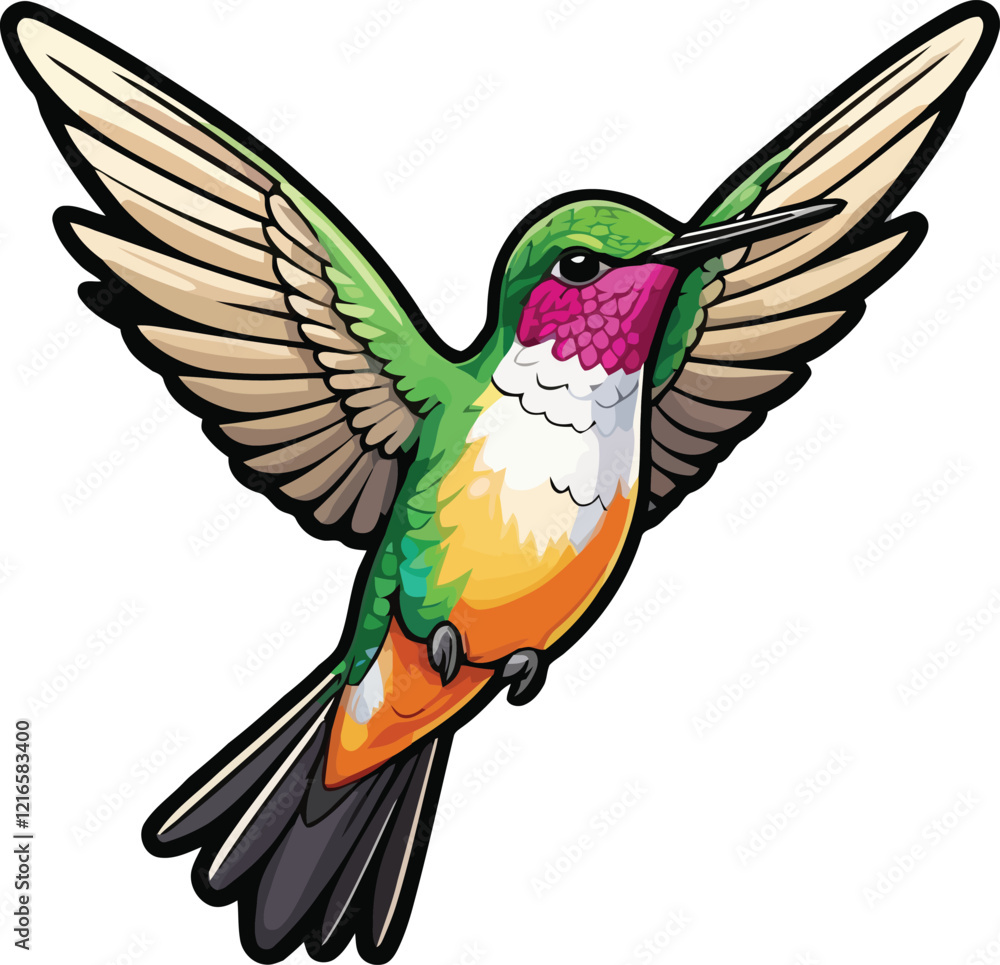 Obraz premium A peaceful watercolor painting of a hummingbird resting on a flower branch in vibrant hues.