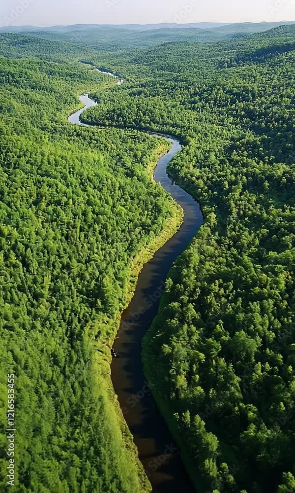 Aerial view of a winding river through lush green forests Aerial view of a winding river through lush green forests