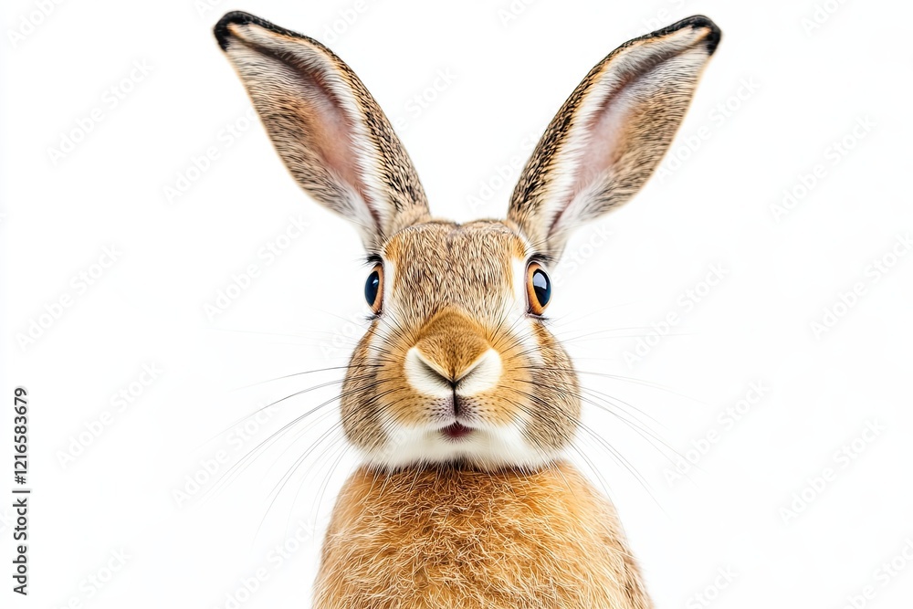 Fototapeta premium hare surprised on isolated white background, real image. close up.