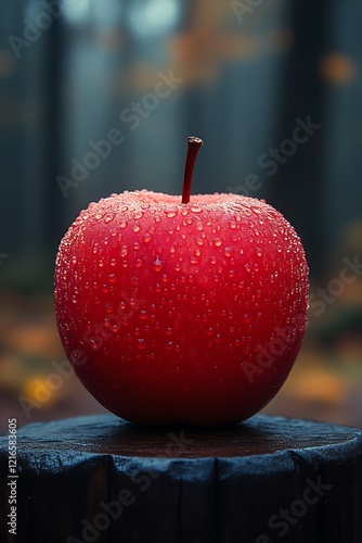 Dew-Kissed Red Apple: A Moody Autumnal Still Life photo