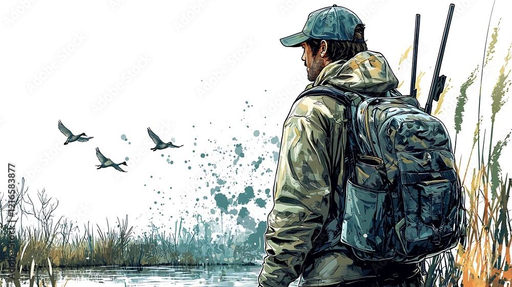 Naklejka premium Hunter Observing Migratory Birds in a Wetland.