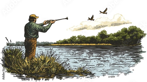 Vintage Illustration of Hunter Calling Ducks by River.