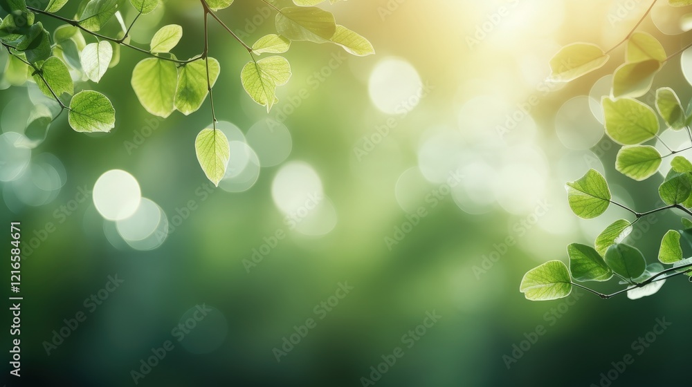 Soft Green Leaves with White Bokeh Light Effect and Gentle Sun Rays Blurring the Background for Calm Nature Aesthetic Soft Green Leaves with White Bokeh Light Effect and Gentle Sun Rays Blurring the Background for Calm Nature Aesthetic