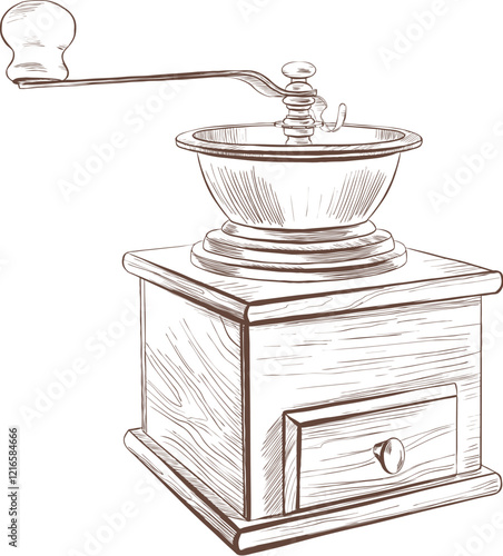 Vintage handmade wood coffee grinder for crushing coffee beans of different grind sizes. Vector hand drawn illustration for coffee menu, bar card,cafe design