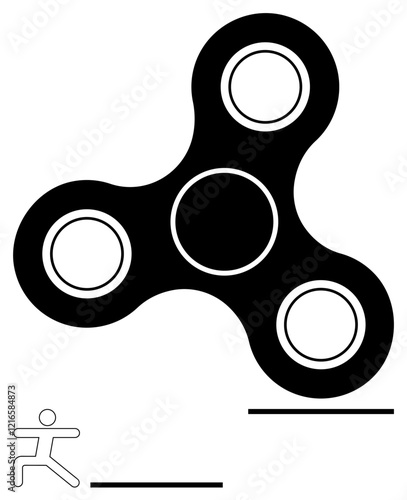 Black fidget spinner with three circular arms hovers above simplified running stick figure surrounded by bold horizontal lines. Ideal for motion, focus, mindfulness, stress relief, simplicity, modern