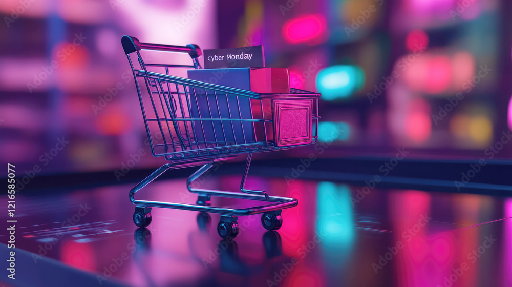 Mini shopping cart with Cyber Monday sign and gift boxes, symbolizing online sales, retail shopping, and discounts with copy space.. Mini shopping cart with Cyber Monday sign and gift boxes, symbolizing online sales, retail shopping, and discounts with copy space..