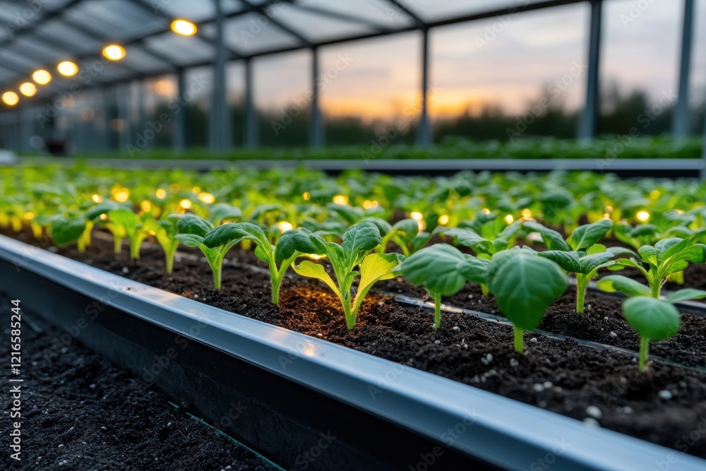 A captivating close-up of healthy seedlings thriving under the soft glow of greenhouse lights, showcasing the nurturing nature of horticulture and agricultural innovation. A captivating close-up of healthy seedlings thriving under the soft glow of greenhouse lights, showcasing the nurturing nature of horticulture and agricultural innovation.