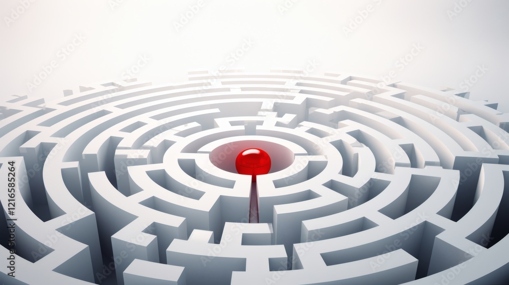 Intricate white maze with central red dot symbolizing focus and direction in problem-solving