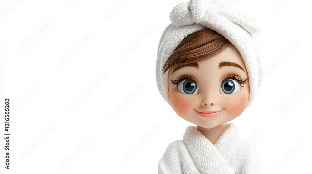 Cheerful character in fluffy bathrobe and towel smiling with large blue eyes against a plain white background Cheerful character in fluffy bathrobe and towel smiling with large blue eyes against a plain white background
