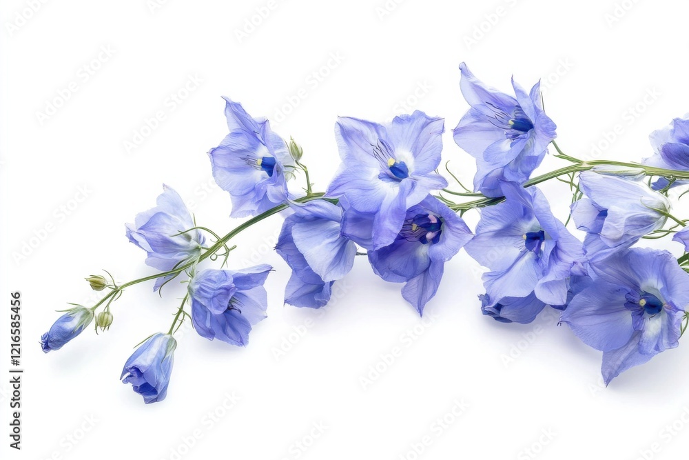 Fototapeta premium Beautiful delphinium flowers displayed elegantly against a pure white background, capturing natures delicate charm and vivid colors
