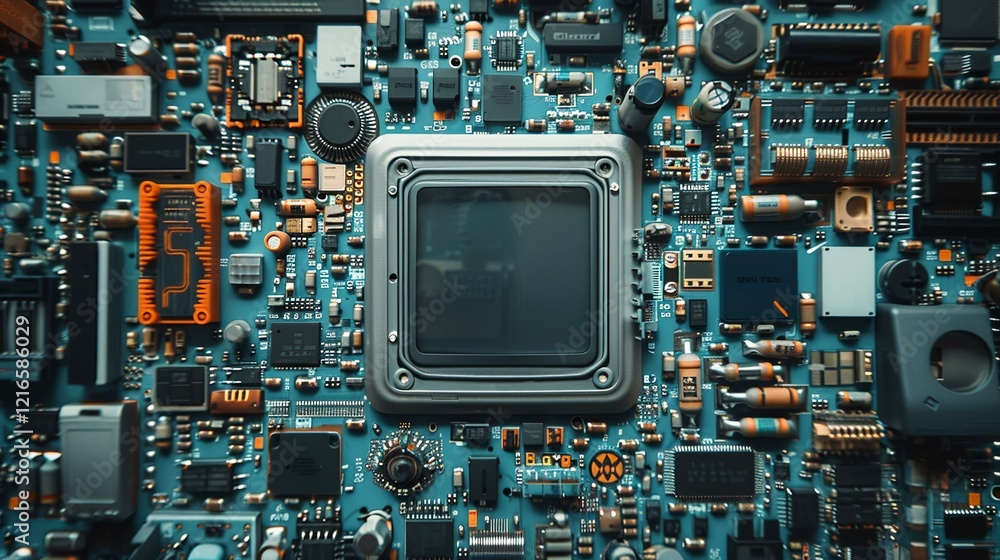 Fototapeta premium Close-up of a complex circuit board, showcasing various components and a central processor. Tech background, ideal for tech articles or websites