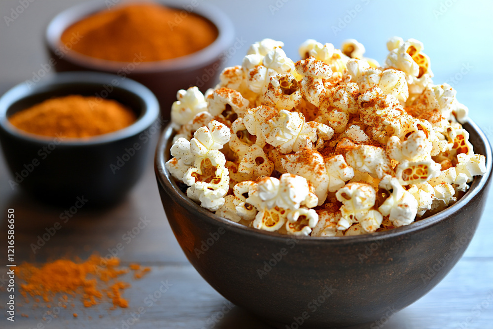 a bowl of homemade vegan popcorn seasoned with nutritional yeast and spic a bowl of homemade vegan popcorn seasoned with nutritional yeast and spic