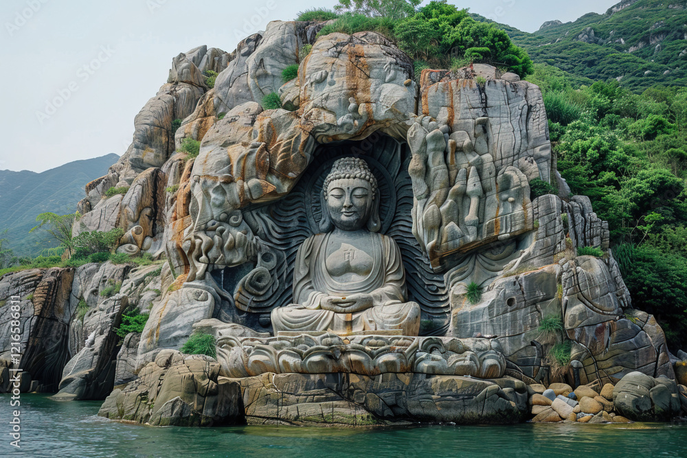 Magnificent carved Buddha statue on rocky cliff overlooking tranquil water in a peaceful natural setting Magnificent carved Buddha statue on rocky cliff overlooking tranquil water in a peaceful natural setting