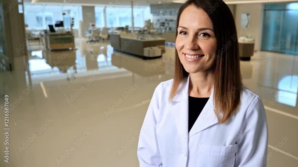 A healthcare professional wearing a white lab coat stands confidently in a contemporary hospital. A healthcare professional wearing a white lab coat stands confidently in a contemporary hospital.