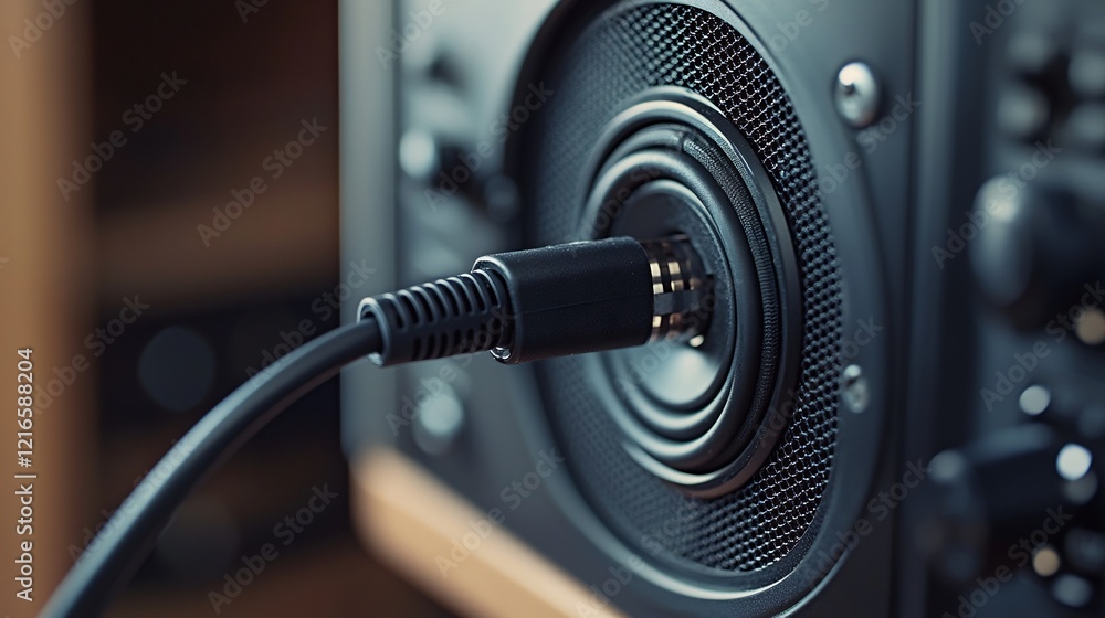 Close-up of speaker cable connection, audio equipment, home studio, blurred background, music production Close-up of speaker cable connection, audio equipment, home studio, blurred background, music production
