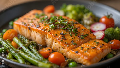 Roasted salmon steak with asparagos broccoli carrot tomatoes radish green beans and peas. Fish meal with fresh vegetable. photo