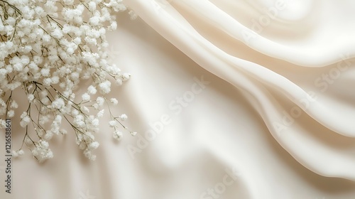 Delicate white flowers on beige silk fabric background