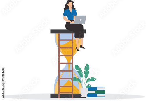 Time management or deadline management, businesswoman sitting on big hourglass while working with laptop, efficiency multitasking vector time management, work deadline