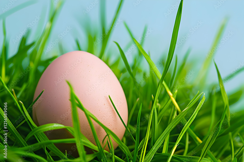 Fototapeta premium Fresh egg with a smooth surface on vibrant green grass with a clear sky backdrop