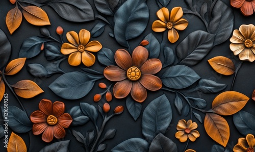 High angle seamless embossed leather flowers and leaves texture photo