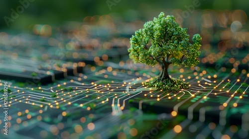 Green tree growing on circuit board; digital nature concept; sustainable technology; environmental technology; website banner