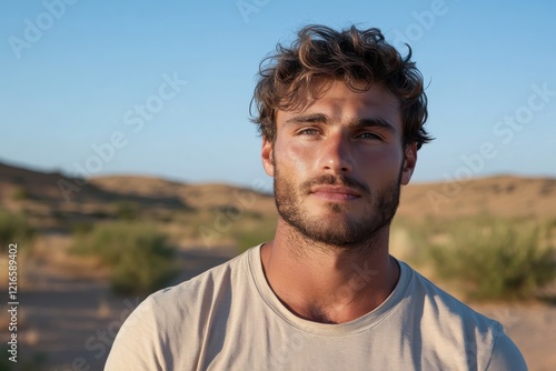 A confident young man stands against a breathtaking outdoor view, basking in the sunlight while embodying strength, serenity, and a connection to the natural world around him.