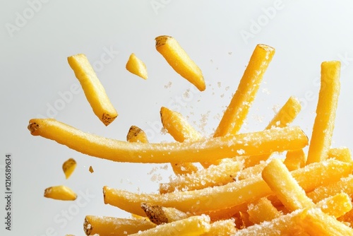 Salted fries flying, studio shot, food background,  advertising photo