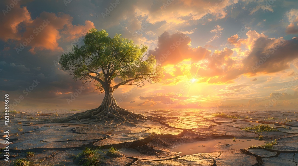 Lone tree sunset arid landscape; hope, resilience, climate change Lone tree sunset arid landscape; hope, resilience, climate change