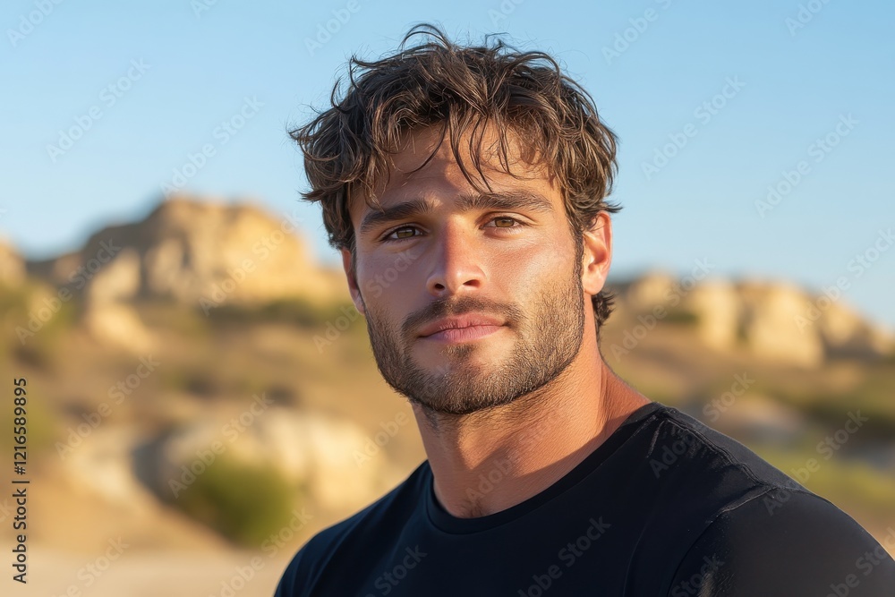 A handsome man poses at the beach during sunset. His charming smile and strong features create an inviting atmosphere, perfect for lifestyle or fashion representation. A handsome man poses at the beach during sunset. His charming smile and strong features create an inviting atmosphere, perfect for lifestyle or fashion representation.