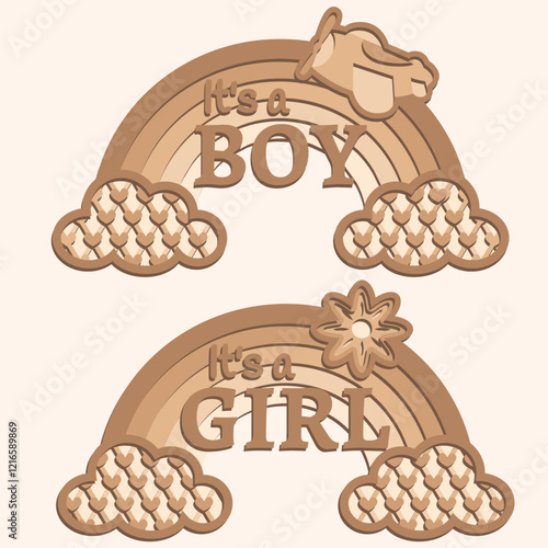 Adorable layered vector designs "It's a Boy" and "It's a Girl" with rainbows, clouds, and cute accents. Perfect for baby showers, gender reveals, nursery decor, and laser cutting projects.