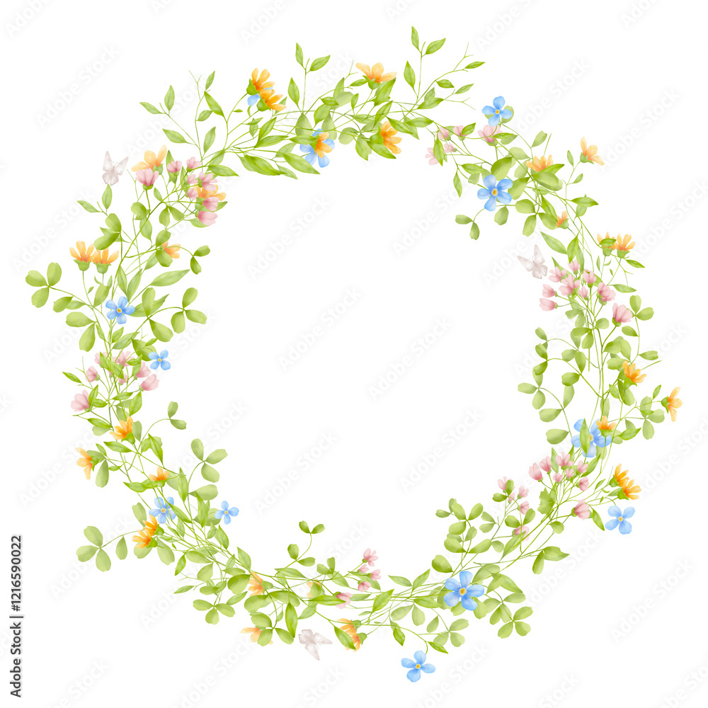 Wreath of spring delicate flowers and green leaves. Watercolor digital illustration. Round floral frame of bouquets and twigs isolated on white background. For cards, invitations and holidays Wreath of spring delicate flowers and green leaves. Watercolor digital illustration. Round floral frame of bouquets and twigs isolated on white background. For cards, invitations and holidays