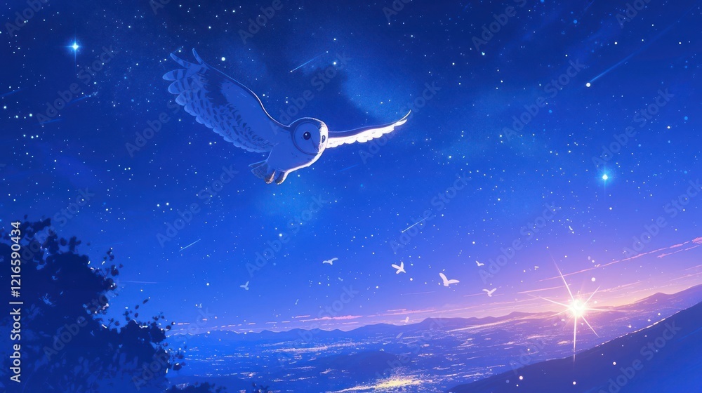 Majestic owl soaring through a starry night sky over a tranquil landscape at dawn Majestic owl soaring through a starry night sky over a tranquil landscape at dawn